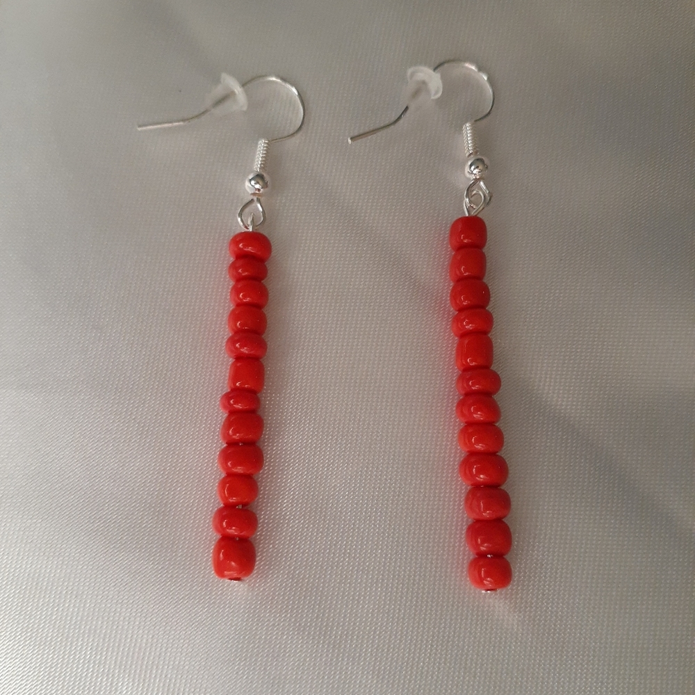 Red Dangle Earrings Seed beads Silver Plated Hook handmade beaded earrings